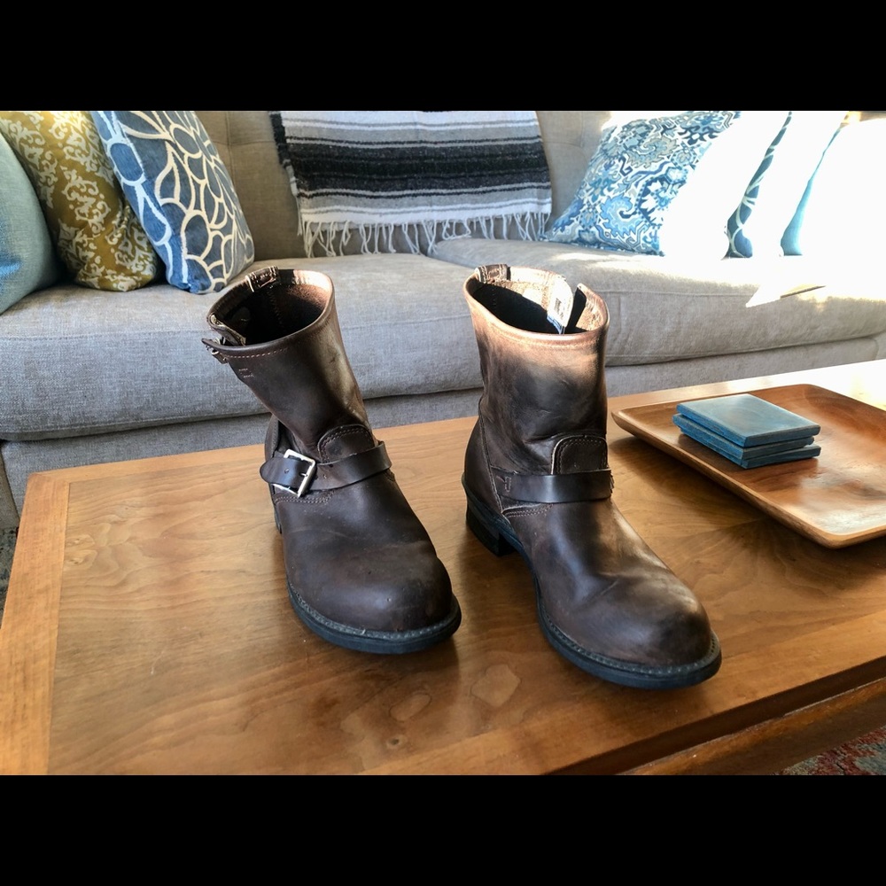 Frye short boots (Veronica?), brown leather, silver buckle, size 10